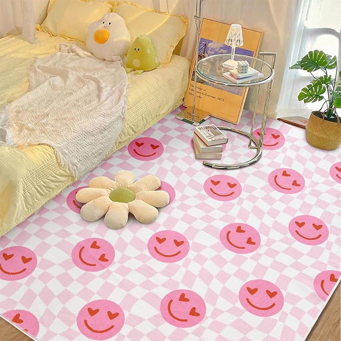 Washable Cute Pink Checkered Rugs for Girls Bedroom Aesthetic Decor, Ultra Thin Funky Groovy Aesthetic Retro Trippy 4x6 Area Rug for Living Room Nursery, Preppy Modern Y2K Dorm Accent Carpet