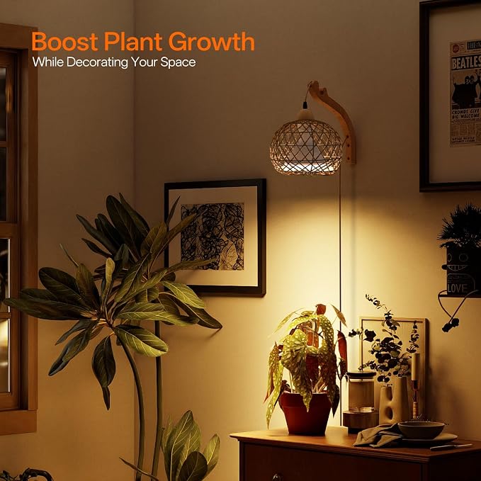 Bstrip Hanging Grow Lights for Indoor Plants, 18W Full Spectrum Plant Light, Boho Rattan Lantern Shade, 3800K Wall-Mounted Decorative Grow Light with 9.8FT Power Cord for Indoor Plant Growing, Flowers