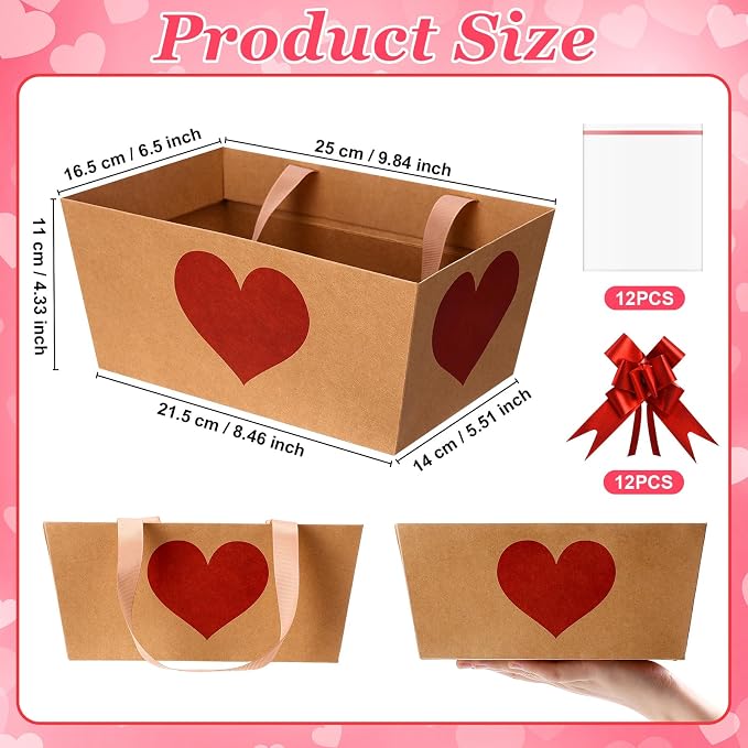 Qinyoung 12 Pcs Red Heart Kraft Baskets for Gifts Empty Red Heart Gift Basket with Handles, Pull Bows, Cellophane Bags and Twist Ties for Teacher Summer Xmas Wedding Party Favor Supplies, 9.8 x 6.5''