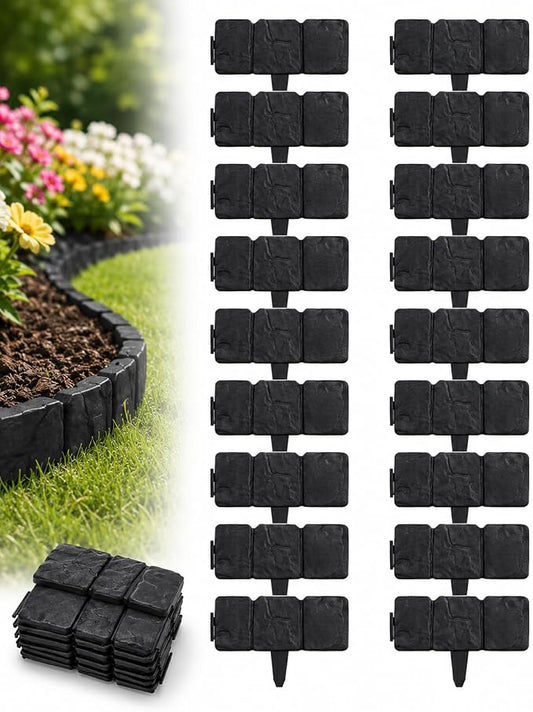Faux Stone Garden Fence No Dig Landscape Edging Border (Black, 20pcs) | Plastic interlocking panels create a rock look for flower beds lawn pathways patio yard decor