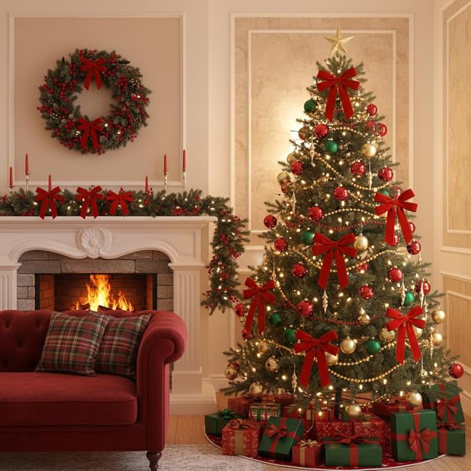 Soulchen 12 Pcs 20 Inches Christmas Garland Ties with Large Velvet Bows Reusable Holiday Wreath Twist Tie Bows for Banister Christmas Tree Indoor Outdoor Party Decorations (Red)