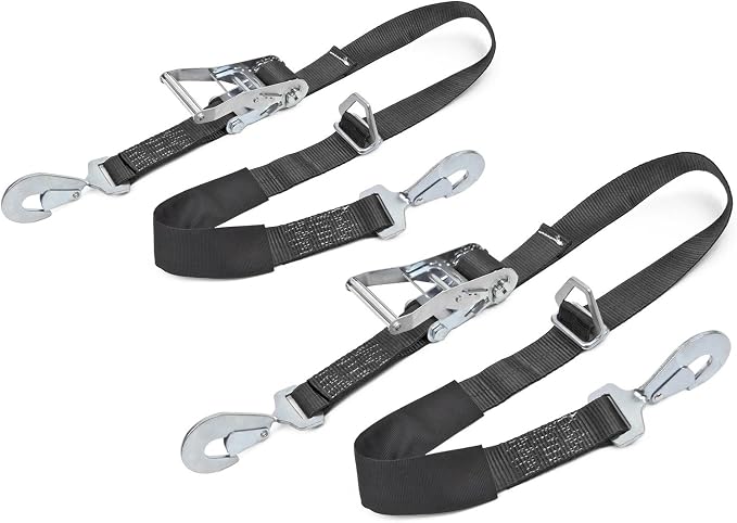 2" x 8ft PowerTye Mfg Auto/Axle Ratchet Tie-Downs with Integrated Adjustable Axle Loop, Industrial-Grade Locking Ratchet and Secure Twist Hooks, Black (Pair)