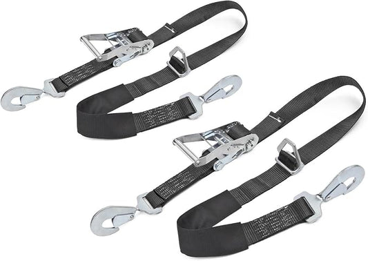 2" x 8ft PowerTye Mfg Auto/Axle Ratchet Tie-Downs with Integrated Adjustable Axle Loop, Industrial-Grade Locking Ratchet and Secure Twist Hooks, Black (Pair)