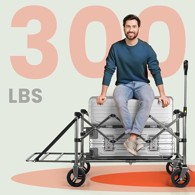 Overmont Collapsible Wagon with Tailgate - 49.2" Extended Heavy Duty Foldable Utility Wagon Folding Cart with All-Terrain Wheels for Outdoor Camping Sports Garden Beach Grocery - 300lbs Support