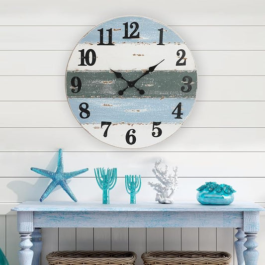 24" Large Beach Coastal Nautical Wall Clock, Wooden Wall Clocks Battery Operated,Vintage Farmhouse Decorative for Living Room, Kitchen, Home, Bedroom, Laundry Room, Blue
