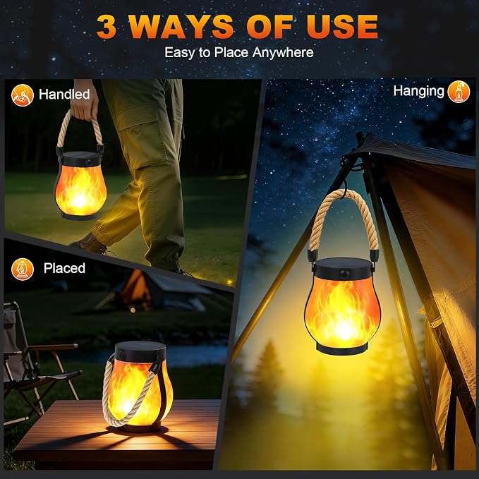 Solar Lanterns Outdoor, Ultra-Realistic Flickering Flame, USB & Solar Charging, 2 Lighting Modes, Waterproof Hanging or Tabletop Lights for Yard, Patio, Garden 8-Pack