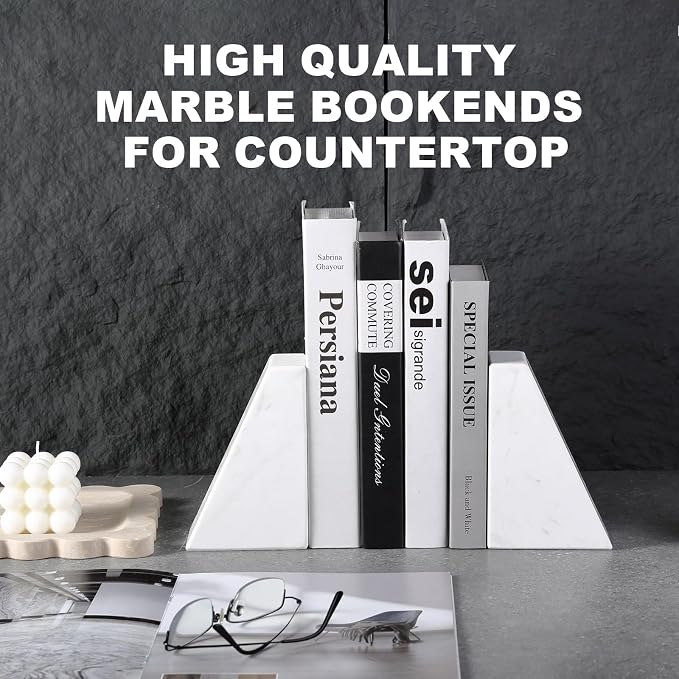 Karibiber Marble Bookends for Heavy Books, Decorative Book Ends for Shelves, White Stone Durable and Heavy-Duty Book Ends for Hardback Books & CDS, Unique Book Stopper & Holder, Set of 2