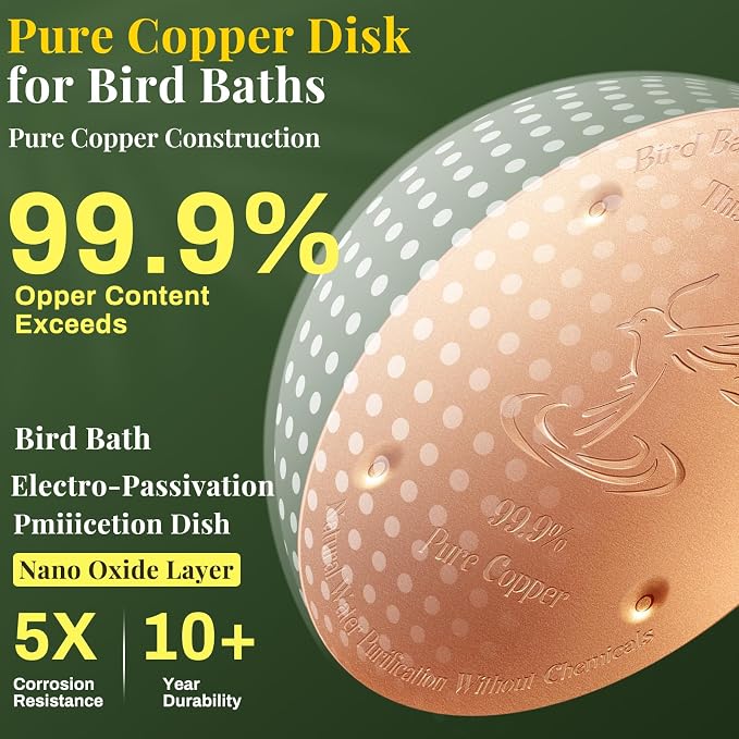 MorningRo Bird Bath Copper Disk, 0.8mm Thick 99.99% Pure Copper Birdbath Purification Disk, Solar Fountain for Bird Bath with 4 Point Support for Safe Birdbath Cleaner(2 Pcs)