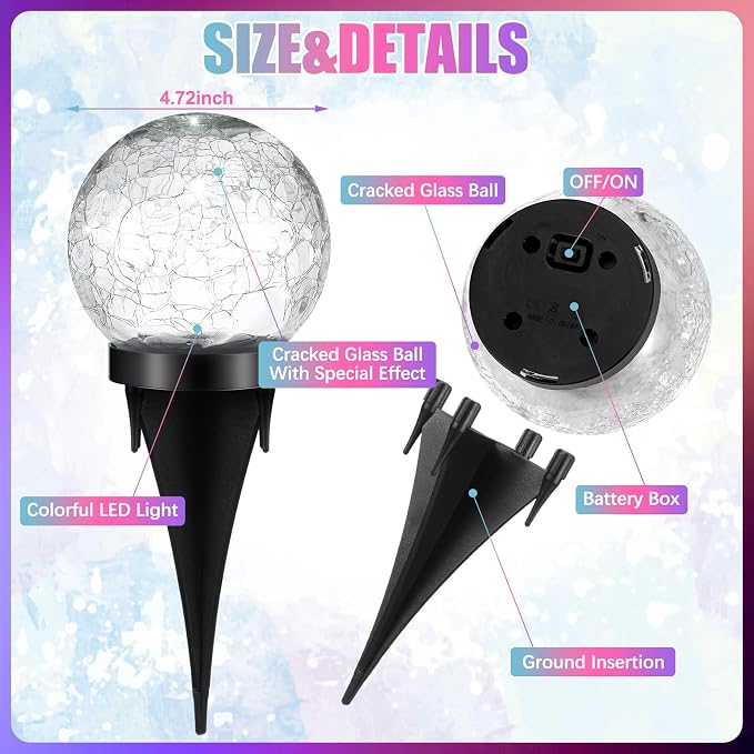 Glooglitter 6 Pcs Extra Large Solar Globes Lights Outdoor Cracked Glass Ball Solar Light Multi Color Pre Lit Crystal Waterproof Lawn Globes for Yard Landscape Garden Decor (4.72")