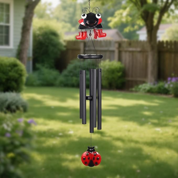 Ladybug Wind Chimes for Outside Metal Cute Beetle with Spinning Feet, Black Aluminum Tubes, Garden Yard Hanging Decor Wind Chimes, for Women, Men, Kids and Nature Lovers