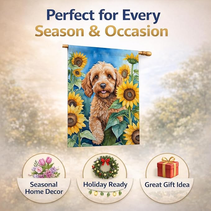 Caroline's Treasures DAC6057CHF Cockapoo in Sunflowers House Flag Large Porch Sleeve Pole Decorative Outside Yard Banner Artwork Wall Hanging, Polyester, House Size, Multicolor