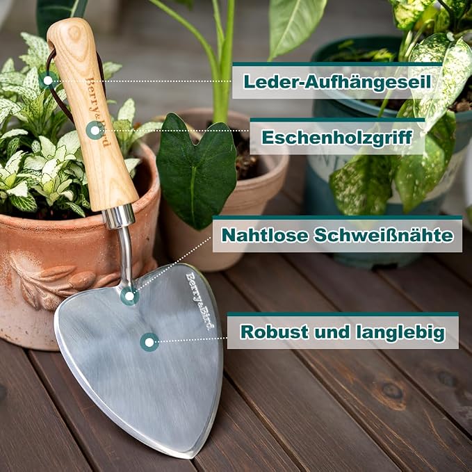 Berry&Bird Perennial Trowel, Oversized Garden Potting Trowels with Sharp Blade Wood Hand Shovel, Stainless Steel Planting TSpade Gardening Tool for Roots,Digging,Transplanting