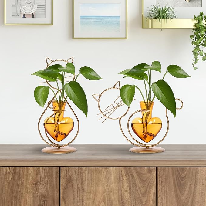 Plant Terrarium Plant Propagation Station Cat Lover Gifts for Women | Plant Lovers Home Office Decor Cat Desk Accessories