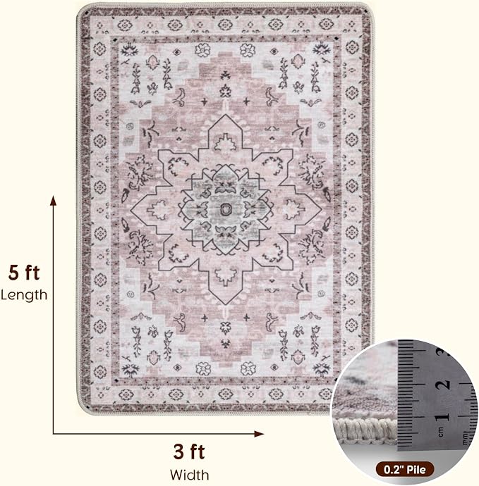 LBRO2M Machine Washable Rug Soft Pet Friendly Carpet 3X5 Pink | Persian Throw Rug 3X5 for Entryway, Kitchen, Bathroom Non Slip Carpet, Foldable Stain Resistant Rugs