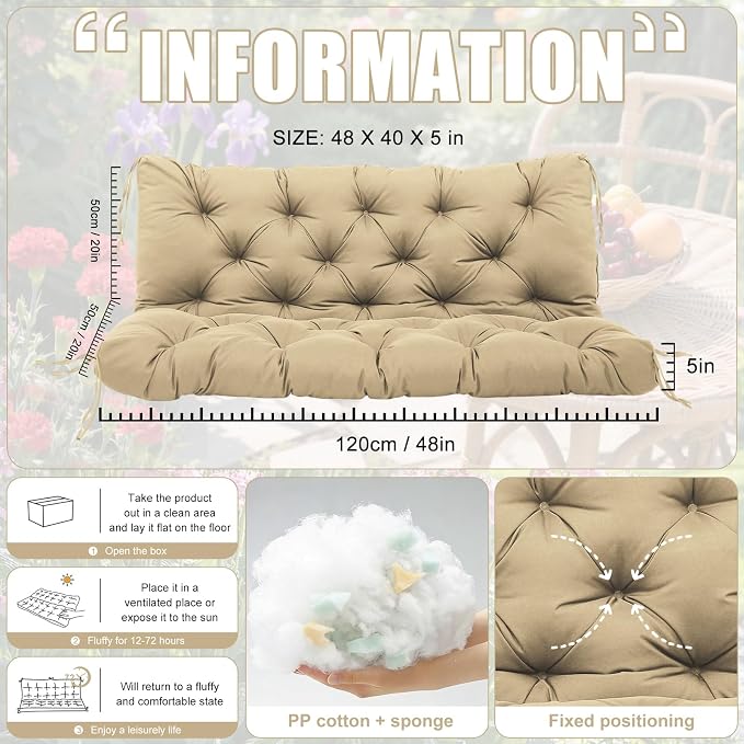 Porch Swing Cushions 2 Seater Replacement Thicken 5" Waterproof Swing Cushions for Outdoor Furniture Bench Patio Swing Cushion with Backrest & Ties(Khaki 48x40x5inch)
