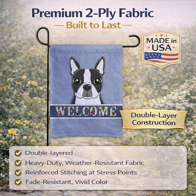Caroline's Treasures BB1389GF Boston Terrier Welcome Garden Flag, Blue Mailbox Flag Decorative Yard Flag Banner Outside Patio Artwork Yard Flower Beds, Garden Size, Multicolor