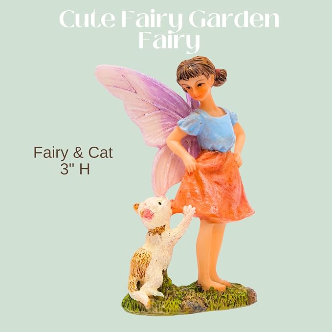 PRETMANNS Fairies for Fairy Garden Accessories Outdoor Indoor Miniature Garden Figurines Hand-Painted Resin Fairy Figure - Figurine Ava with Cat 1 Piece