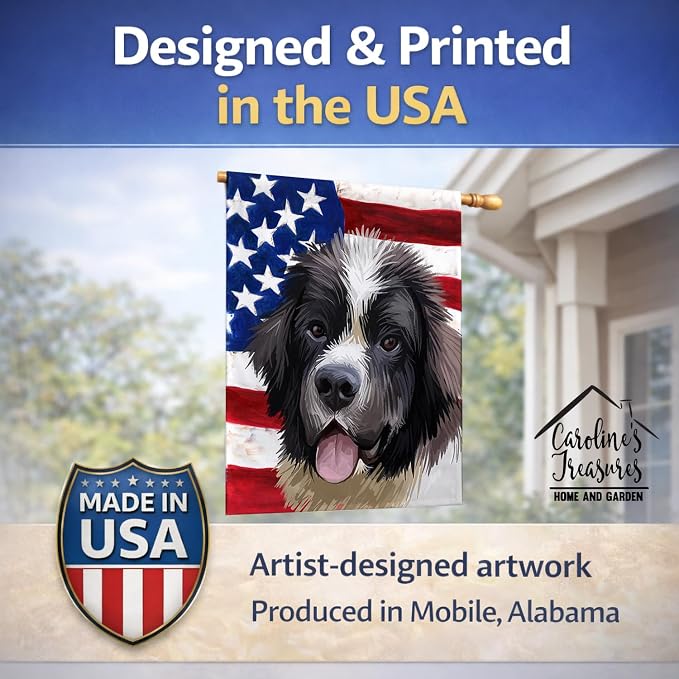 Caroline's Treasures CK6604CHF Landseer American Flag House Flag Large Porch Sleeve Pole Decorative Outside Yard Banner Artwork Wall Hanging, Polyester, House Size, Multicolor
