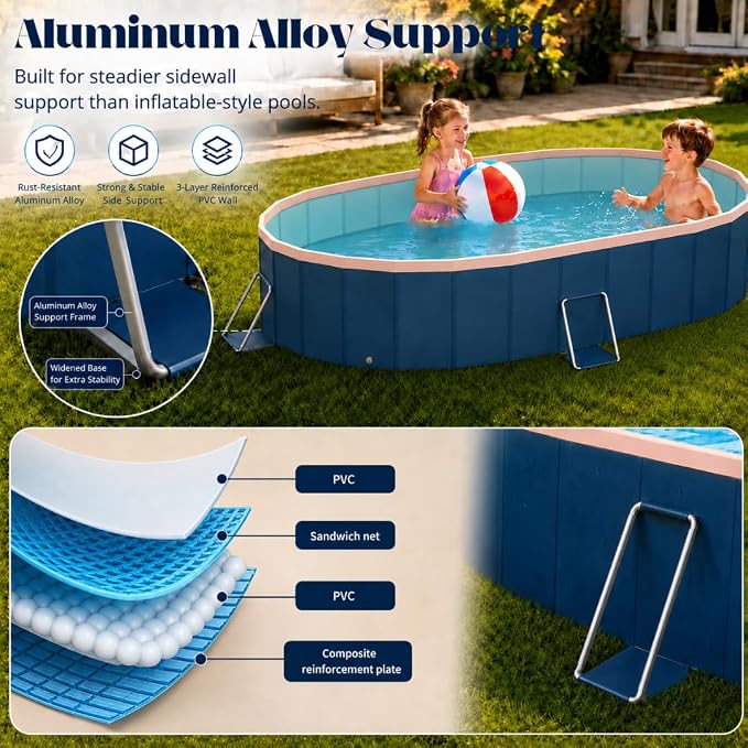 6 ft Foldable Non-Inflatable Swimming Pool, 72.04 x 54.33 x 17.71 in, Blue PVC Backyard Pool with Aluminum Alloy Triangle Supports for 1 Adult and 1 Child