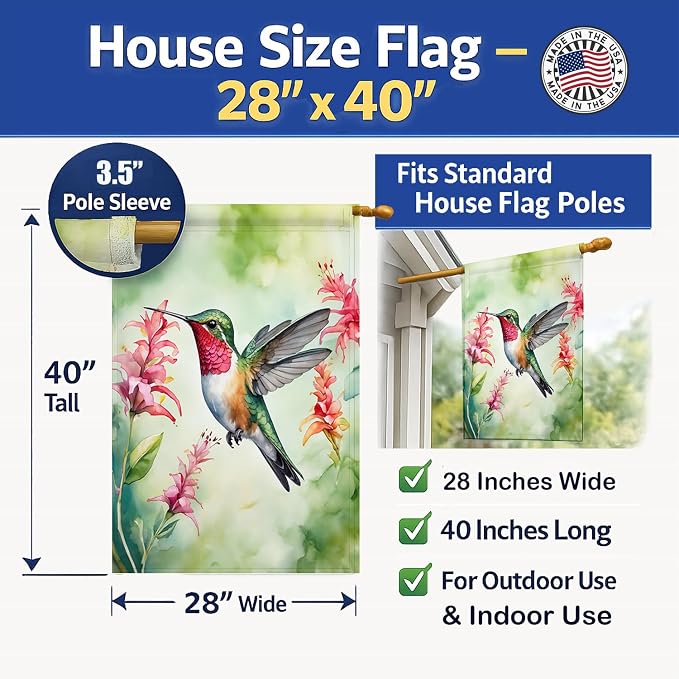 Caroline's Treasures Broadtailed Hummingbird House Flag Large Porch Sleeve Pole Decorative Outside Yard Banner Artwork Wall Hanging, Polyester, House Size, Multicolor