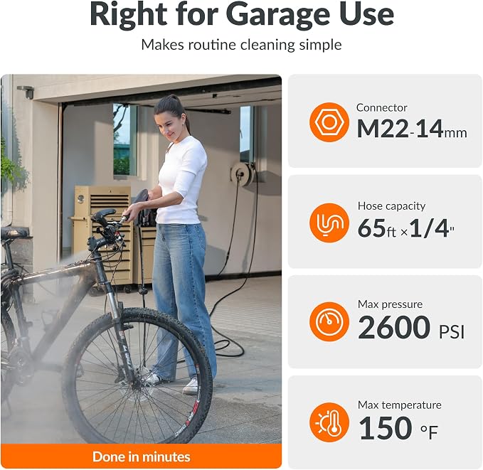 Giraffe Tools Retractable Pressure Washer Hose Reel 65ft, 2600PSI | Pressure Hose Reel, Wall/Floor Mounted