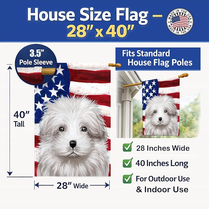 Caroline's Treasures CK6446CHF Bolognese Dog American Flag House Flag Large Porch Sleeve Pole Decorative Outside Yard Banner Artwork Wall Hanging, Polyester, House Size, Multicolor