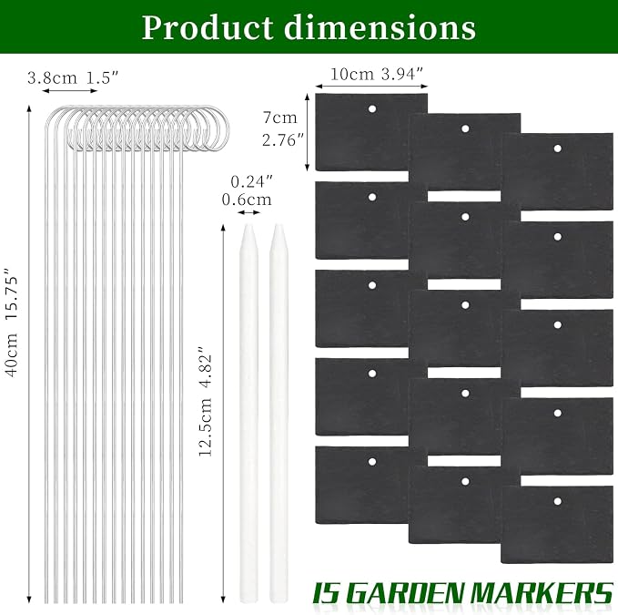 15 Pcs Slate Plant Labels with Chalk Pencils Outdoor Garden Marker Label Signs with Stakes for Plants, Vegetables, Herb, Flowers (Rectangular)