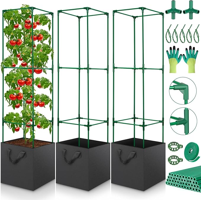 3 Pack Tomato Cage for Garden, Upgraded Fiberglass Garden Trellis with 3 PCS Grow Bags, Square Tomato Planter Support Garden Cages for Cucumber Vegetables Vertical Climbing Plants