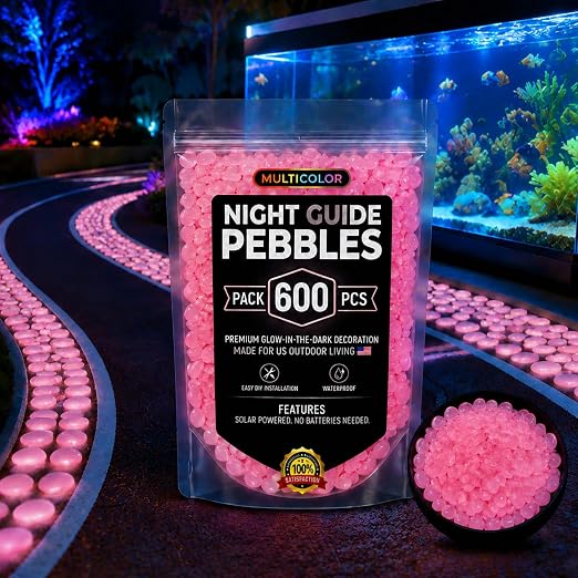 Glow in the Dark Rocks Outdoors, Decorative Night Guide Pebbles for Landscaping & Garden Pathway, Colored Glow Stonesfor Fish Tank, Aquarium Decor & Planters, Luminous Stones for Vases (600, Pink)