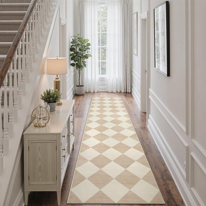Beeiva Checkered Print Long Hallway Runner Rug Non Slip, Beige Ultra Thin 2.5x10 Washable Runner Rug, Moroccan Trellis Home Decor Faux Wool Neutral Carpet for Bathroom Kitchen Hallways, 10ft