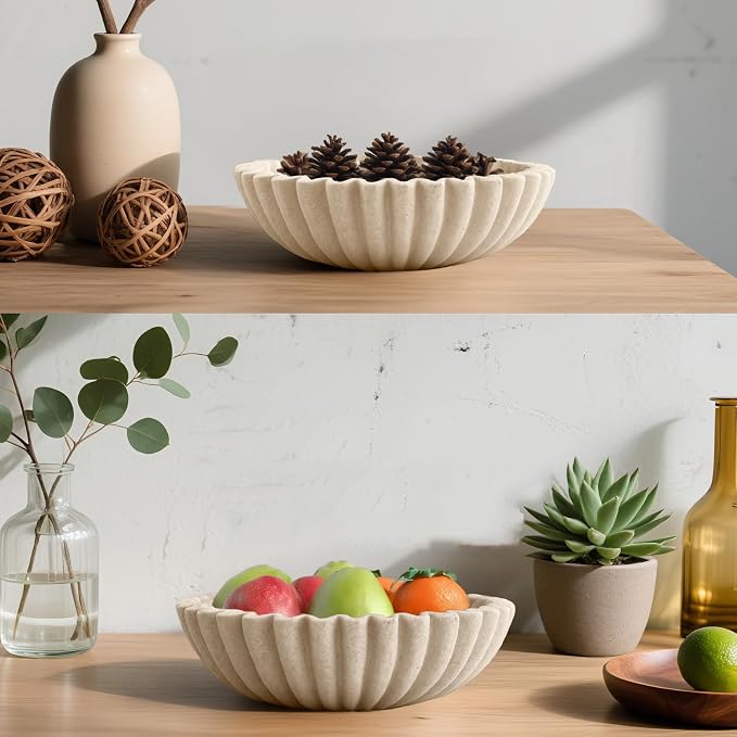 10'' Large Ruffle Decorative Fruit Bowl for Entryway Coffee Table Scalloped Purse Key Holder Kitchen Countertop Console Modern Organic Home Decor, Artificial Stone Beige