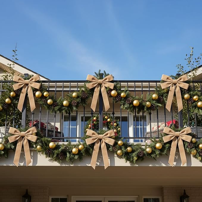 Soulchen 12 Pcs 20 Inches Christmas Garland Ties with Large Velvet Bows Reusable Holiday Wreath Twist Tie Bows for Banister Christmas Tree Indoor Outdoor Party Decorations (Khaki)