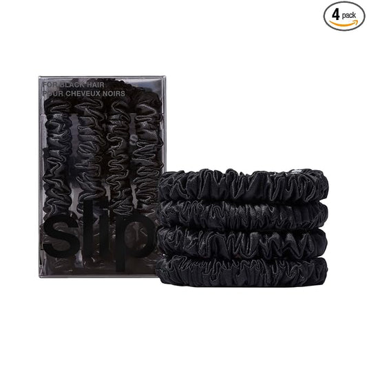 Slip Silk Hair Ties — Skinny Silk Black Scrunchies, No Damage, No Crease, Anti-Breakage |100% Mulberry Silk | All Hair Types | Made with Proprietary Slipsilk™ | Set of 4