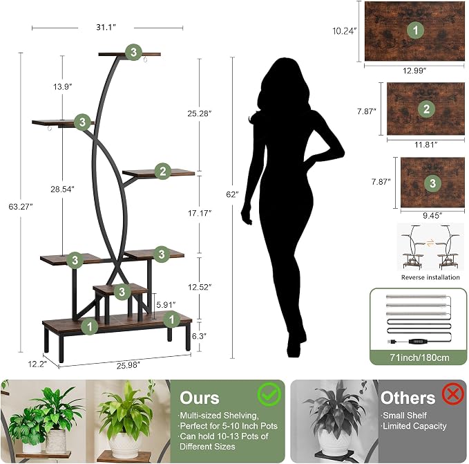 Plant Stand Indoor with Grow Lights - 63" Tall Plant Shelf, 7 Tiered Corner Plant Stands for Indoor Plants Multiple, X-Shaped Metal Large Flower Holder Decorative Display Rack for Living Room, Home