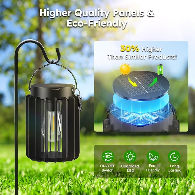 Ahaorigin Solar Lanterns Outdoor Waterproof, Brighter Up to 12 Hrs Outdoor Hanging Solar Lights, Outside Hanging Lanterns for Garden Porch Patio Yard Decor, Gifts for Women Mom Father Black, 4 Pack