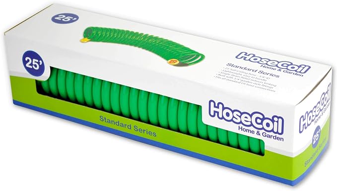 HoseCoil 3/8 inch ID Self Coiling Garden, RV, Marine Outdoor Water Hose (25' Green)