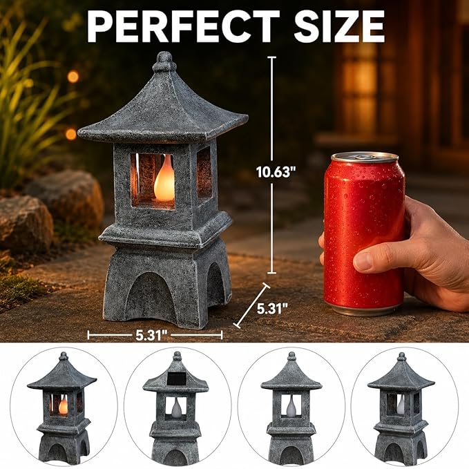 Solar Pagoda Lantern Japanese-Style with LED Flickering Flame Light, Zen Garden Statue Waterproof Resin Stone Finish Outdoor Decorations for Patio Yard Lawn, Housewarming Gifts for Mom Women
