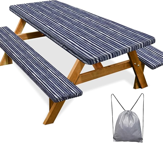 Play Tailor Picnic Table Cover with Bench Covers Camping Essentials Waterproof Windproof Camping Tablecloth with Drawstring Bag, Fitted Rectangle Tables and Seats, 72in, Navy Blue Stripes