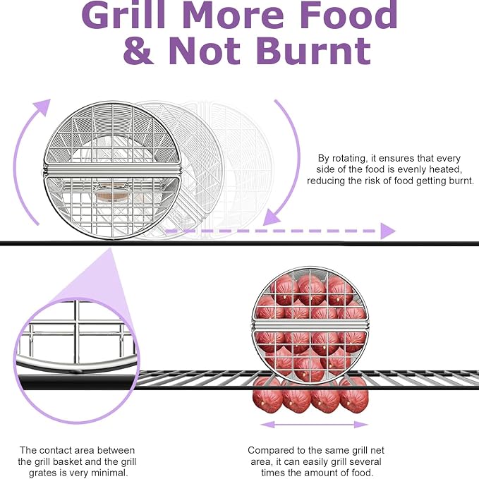 Rolling Grill Basket, Grill Baskets for Outdoor Grill, REMOVABLE HANDLE, Anti-Scorch Stainless Steel BBQ Net Tube for Meat, Shrimp, Vegetables, Grill Accessories, Gifts for Dad, Husband (Round)