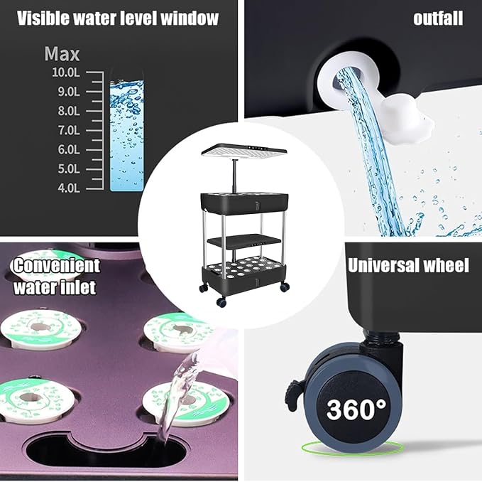 Indoor Hydroponic Garden System, 3-Tier Mobile Growing Cart with LED Lights, Adjustable Shelves, Black (3 Tiers_Black)