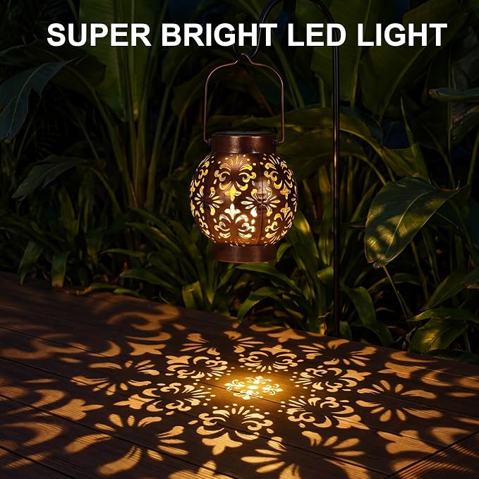 Edenseelake 2 Pack Solar Hanging Lanterns Outdoor Waterproof Flower Lights, Metal Decorative LED Lantern for Garden, Patio, Porch, Yard, Lawn, Bronze