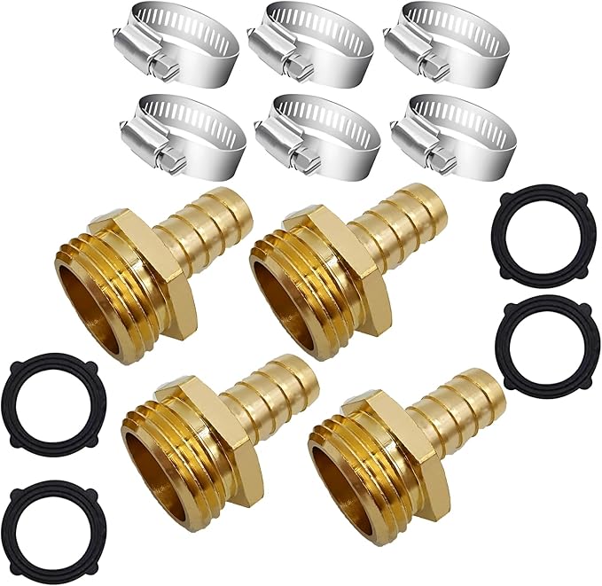 Brass Garden Hose Adapter Fitting, 3/8” Barb and 3/4” GHT Male Connector, Heavy-Duty High-Pressure Support, Rust and Corrosion Resistant (4PCS)