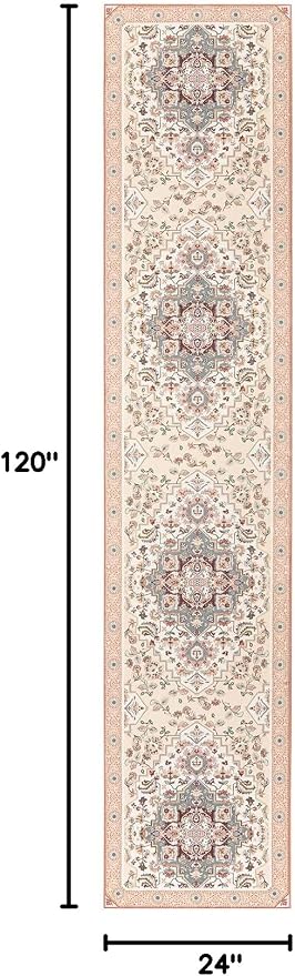 Phantoscope Washable Runner Rug 2'x10' Non-Slip, Vintage Boho Hallway Rugs for Entryway, Stair, Bedroom, Persian Floral Medallion Pattern, Low-Pile Foldable Floor Carpet, Ivory Rose/Fall Bloom