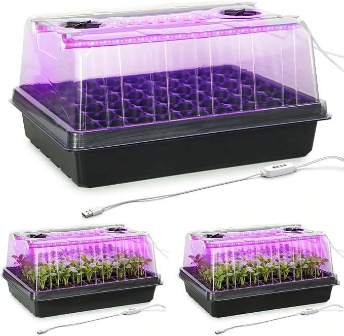 Seed Starter Tray with Grow Lights, 3-Pack 54 Cell Seedling Starter Kit, 5" Tall Humidity Dome & 2.8" Deep Cells, 96-LED Full Spectrum Plant Light with Timer/Dimmable, Reusable Germination Station