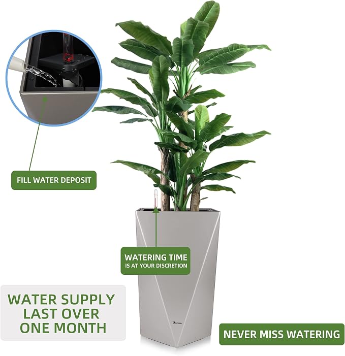 Dexceder 20 Inches Self Watering Tall Planter (Gray) | Diamond Metallic Matte, Thickened Rhombus Large Floor Standing Flower Plant Pot with Water Level Indicator Indoor Outdoor