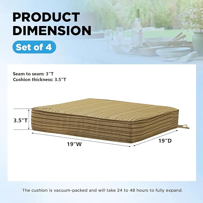 19 x 19 Inch Outdoor Chair Cushions with Tie Straps, Set of 4 Thick Water Repellent Square Patio Chair Pads for Garden Lawn Patio Furniture, Yellow Stripe