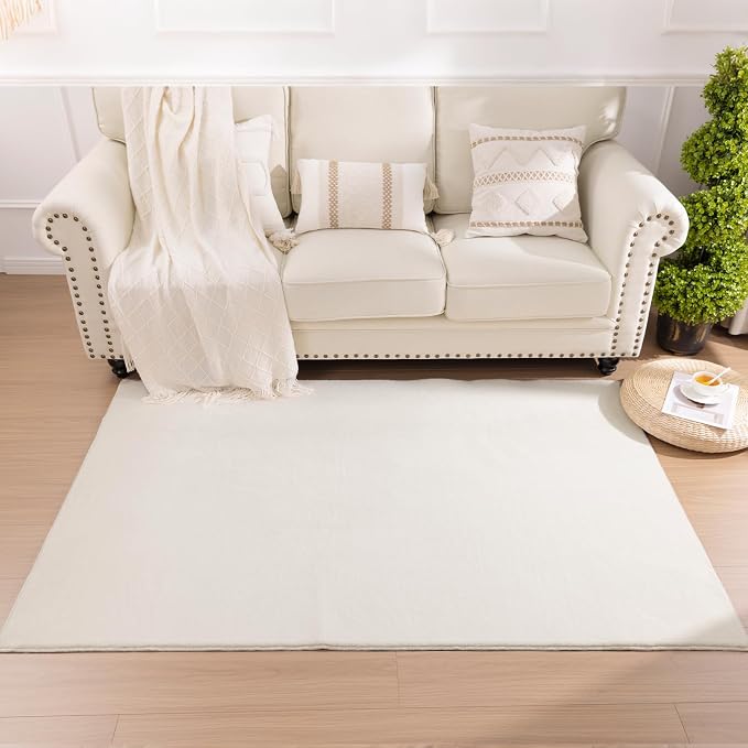 SHACOS Extra Soft 4x6 Faux Rabbit Fur Area Rugs for Living Room, Cream | Furry Fluffy Cozy Non Slip Washable Padded Bedroom Rug, Solid Color Plain Floor Mats Carpet for Home Dining Room Apartment