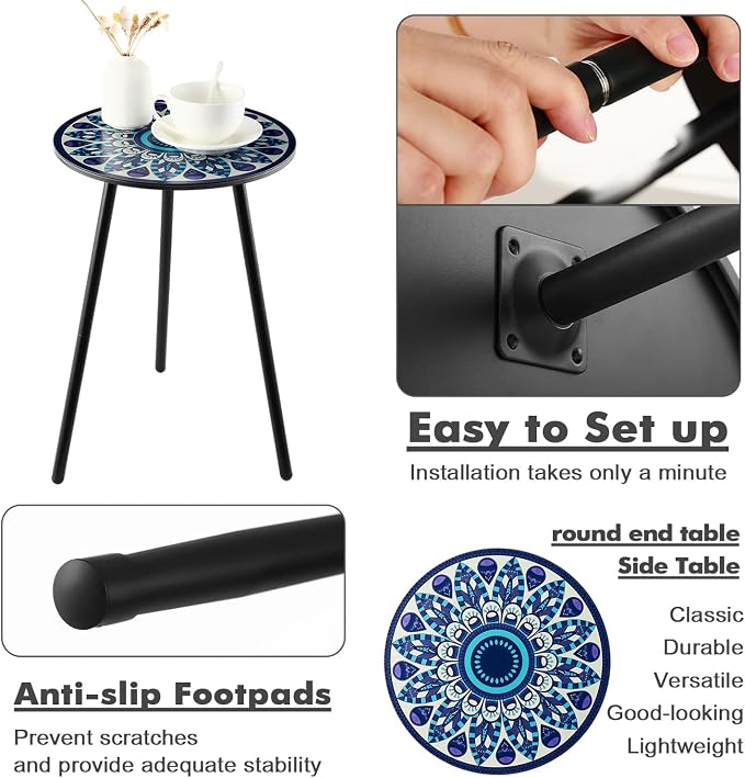 Outdoor Side Table Set of 2 Patio Side Tables for Outside Black End Tables Small Outdoor Table Round Patio End Table Metal Side Table Outside, Indoor, Living Room, Small Spaces, Midnight Feather