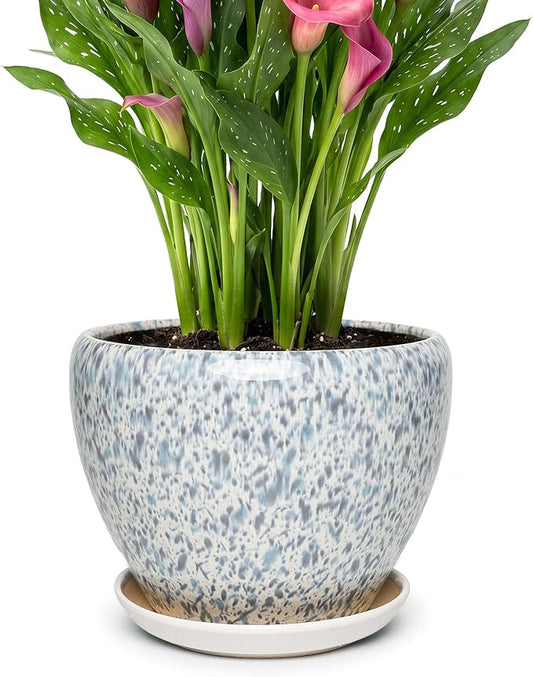 9.5 Inch Ceramic Plant Pot with Drainage Hole Mesh Net,Modern Gardening Pots for Indoor Plants with Saucer, Spotted Blue