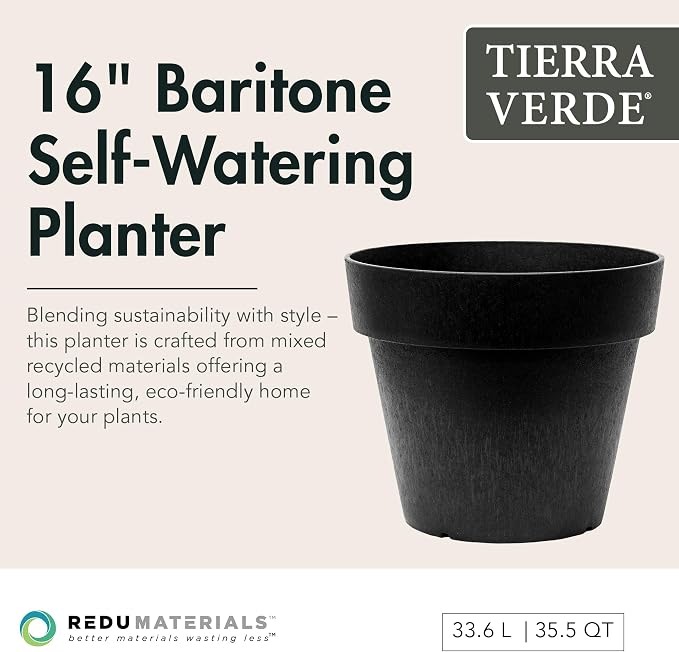 Tierra Verde Indoor & Outdoor Self-Watering Round Planter Pot, Baritone, 18" x 16", Black - Decorative Planting Containers for Plants and Flowers - Gardening and Flowering Accessories